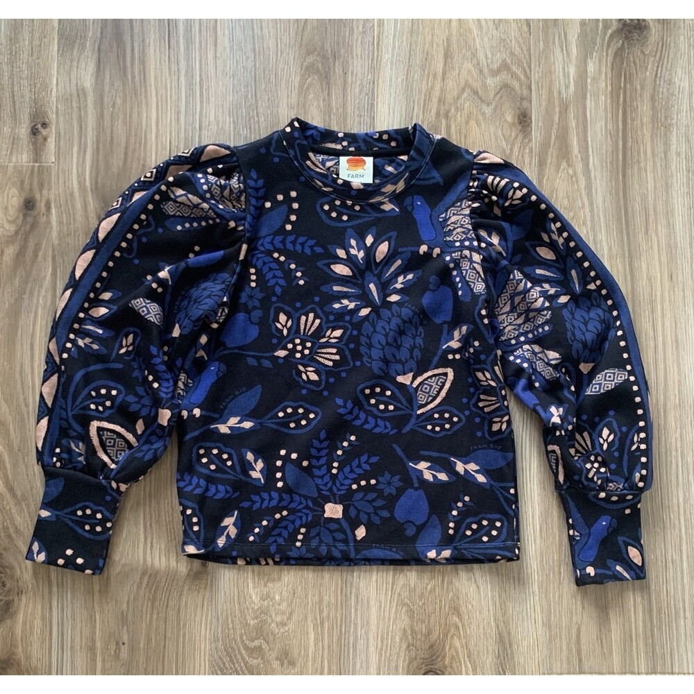 FARM Rio Macaw Forest Floral Print Puff Sleeve Sweatshirt Top Women’s Size S